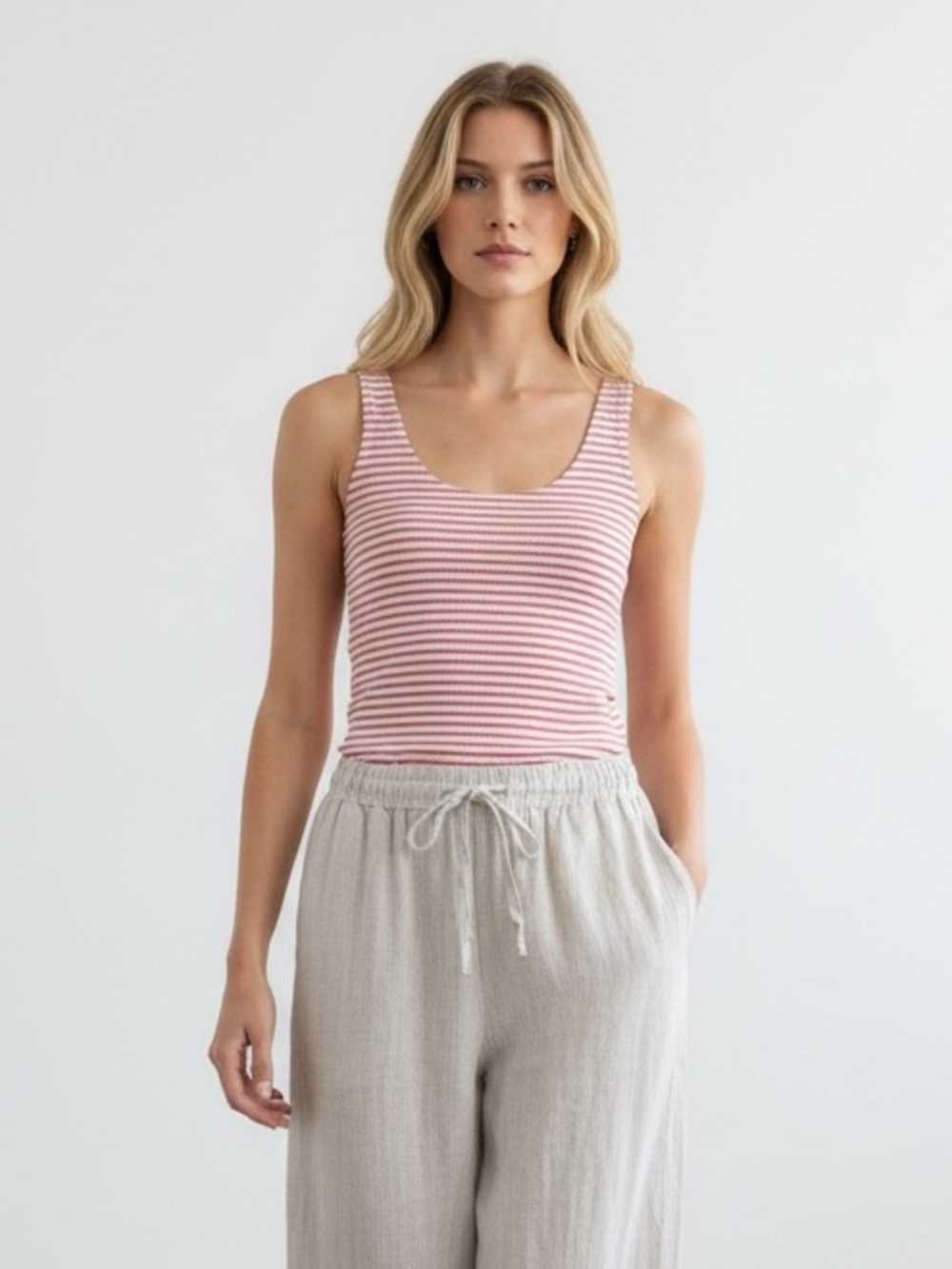 1400 • Red & Cream Ultra Soft Striped Rayon Blend Double Layer Tank Top